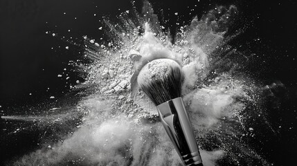 A close shot of silver powder explosion from make up brush on a dark backdrop with a big space for text or beauty product backdrop, Generative AI. - obrazy, fototapety, plakaty