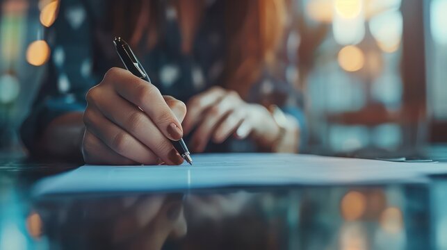 Close-up of hands signing a surety agreement with a pen, with the blurry background of a bank office