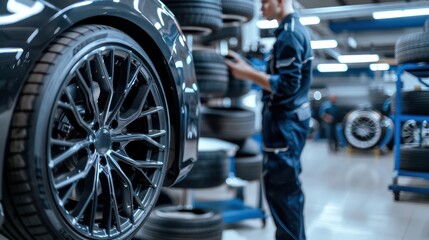 A worker in uniform is seen at an elegant and luxurious car rim repair shop.

