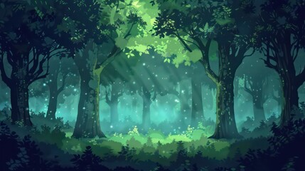 Enchanted forest scene with magical light rays