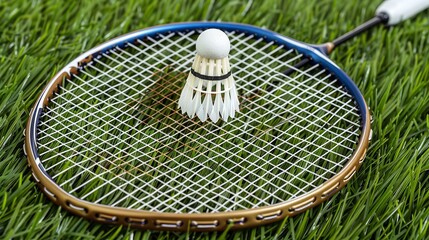 A racket and shuttlecock on ground with green grass with a big space for text or sports product advertisement with top view, Generative AI.