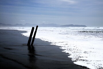 Two pieces of metal sticking upwards out of the sand at the beach, a part of the Peter Iredale...