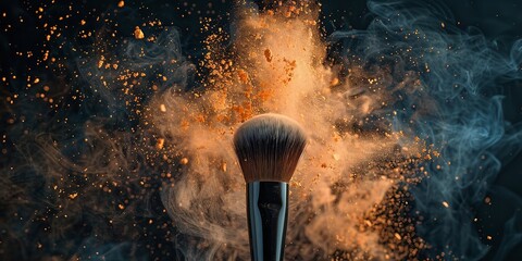 A close shot of peach powder explosion with makeup brush with a dark backdrop with a big space for text or make up product advertisement, Generative AI.
