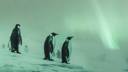 Download this minimal wallpaper showcasing the aurora borealis over Antarctica, with a penguin colony and foggy ambiance. AI generative. - obrazy, fototapety, plakaty