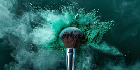 A close shot of green powder explosion with makeup brush with a dark backdrop with a big space for text or make up product advertisement, Generative AI. - obrazy, fototapety, plakaty