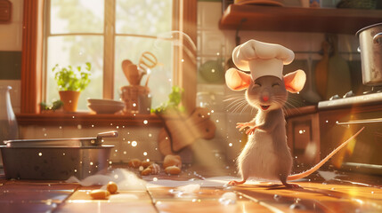 A miniature chef, a mouse in a hat, stands in a kitchen