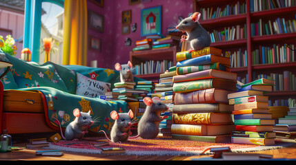 Curious mice study atop a mountain of colorful books - obrazy, fototapety, plakaty