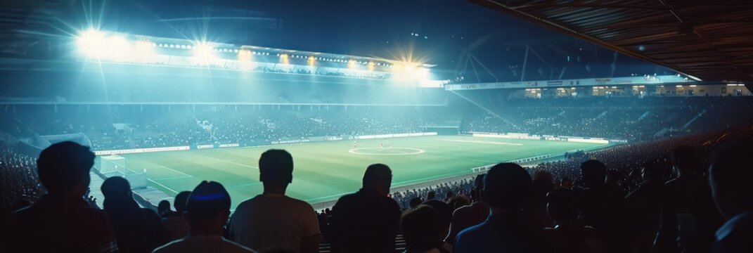 A panoramic photo from the upper stands of a football field captures players on the pitch and silhouettes of fans watching the match.
