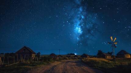 Village night scene with starry Milky Way sky