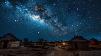 Naklejka na ściany i meble A beautiful view of the Milky Way stretching across the night sky above a serene, traditional village with huts and a windmill