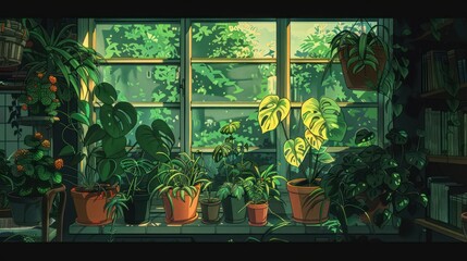 Fototapeta na wymiar A serene view of a cozy indoor garden filled with a variety of green potted plants by a large window with sunlight filtering through foliage
