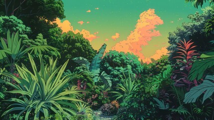 Obraz na płótnie Canvas vibrant tropical jungle as the night falls with stars peeking through the sky, evoking a sense of adventure and tranquility