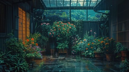 A serene and peaceful Japanese style garden, bathed in rain with rich greenery and traditional architecture providing a meditative ambience