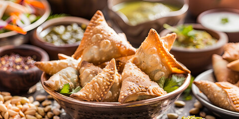 close up of samosas, arranged in an elegant bowl on the table, generative AI