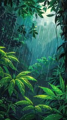 Mystical greenery with beams of light piercing through, highlighting the rain droplets amidst lush plants A serene representation of nature's beauty
