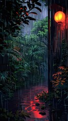 A serene yet mysterious depiction captures a rainy night scene in an alleyway, enhanced by the ambient glow of a red lantern reflected in puddles on the ground