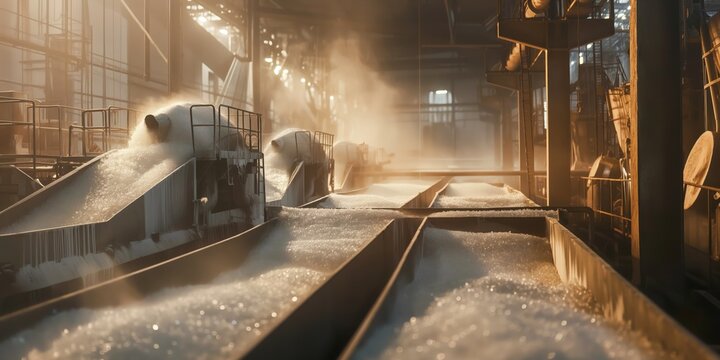 An industrial sugar factory with sugar pouring down conveyors, showcasing production and manufacturing