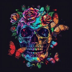 Colorful vintage skull adorned with roses and butterflies against a black background