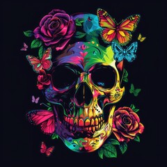 Roses and butterflies decorate a colorful neon skull, which contrasts vividly against a black background.
