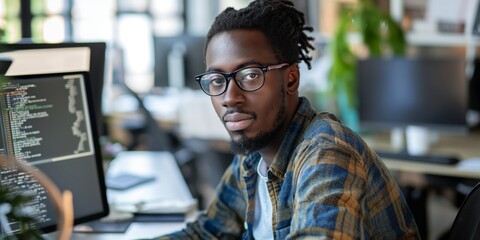 A focused software developer at a computer personifies concentration, expertise, and the tech industry