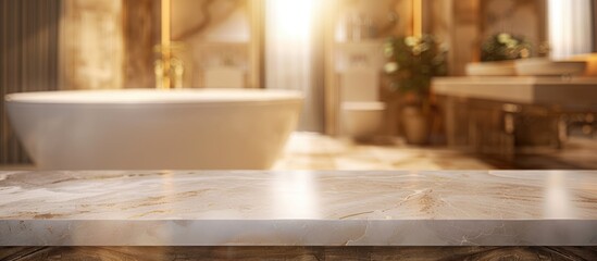 A marble top table is empty, set against a blurred bathroom interior for showcasing products.