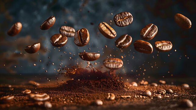 Coffee beans falling on the ground, with a dark background and flying particles, macro hyper-realistic coffee beans displayed