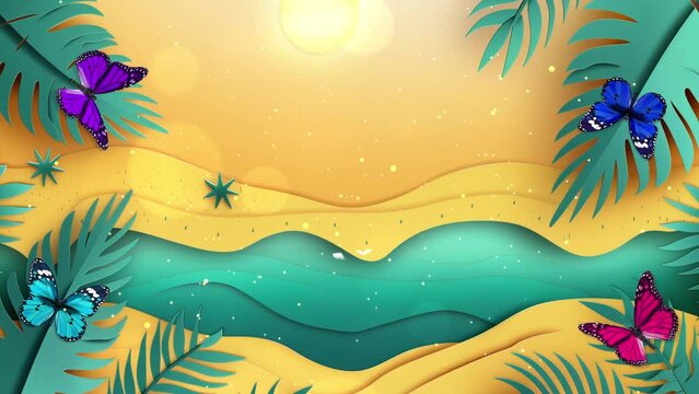 yellow and green summer background. summer banner sunny sand with palm leaves in tropical beach. seamless looping overlay 4k virtual video animation background
