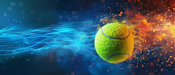 An illustration of tennis ball with dynamic cybersport background with a big space for text or sports type product advertisement, Generative AI.