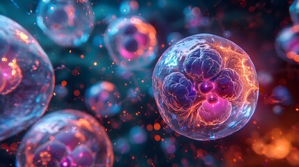 Healthy cell, lightful optic, transparent structures, 3D illustration of glowing cells in the background, with energy particles and spheres floating around, in an abstract style. 