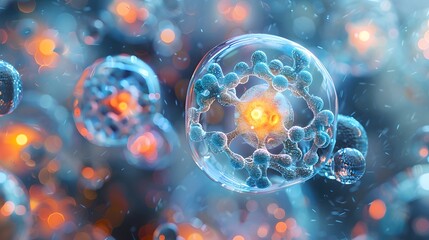 Healthy cell, lightful optic, transparent structures, 3D illustration of glowing cells in the background, with energy particles and spheres floating around, in an abstract style.  - obrazy, fototapety, plakaty