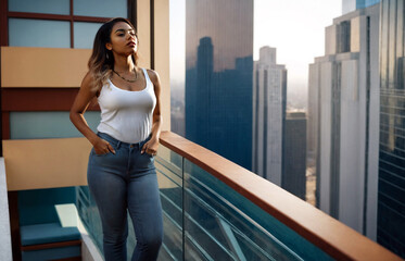 standing on the balcony in a big city with a view of high-rise buildings, annoyed and bored and in a bad mood in the big city, young adult multi-ethnic multiracial woman