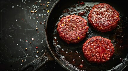 Top view of a Burger patty frying on pan with a dark backdrop a home made burger making concept with space for text or product, Generative AI - obrazy, fototapety, plakaty
