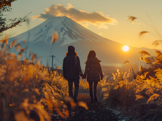 A asian couple stand near each other, smiling. They are wearing luxury coats. Background is japan mountain, landmarks and cherry blossoms. - Powered by Adobe