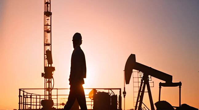 oil production two silhouette workers work as a team next to an oil pump business oil production production concept two engineers of the oil and gas industry are discussing a sun business plan