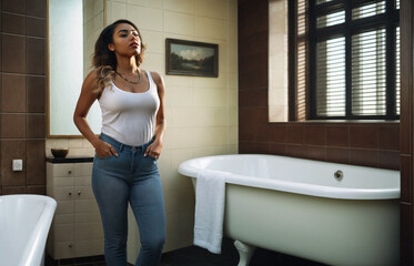 standing in the bathroom, two bathtubs, worries and problems, feeling unwell or worried, loneliness or depressed tiredness, annoyed and bored and bad mood, young adult multi-ethnic multiracial woman
