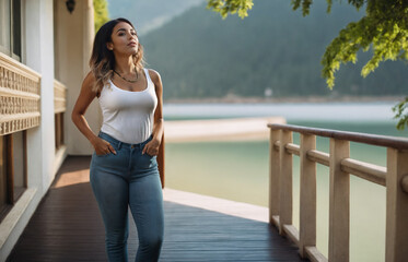 young adult woman standing on the veranda at an idyllic lake in nature surrounded by green mountains, simple life in the countryside, lake house, breathing fresh air far away from stress