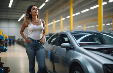Fototapeta na wymiar young adult woman works in the auto industry in production or assembly, job and occupation, a metal colored car, or workshop or assembly line work production chain