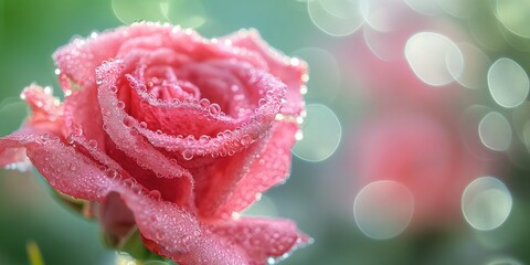 A close-up of a pink rose with dew drops captures the delicate and fleeting beauty of nature