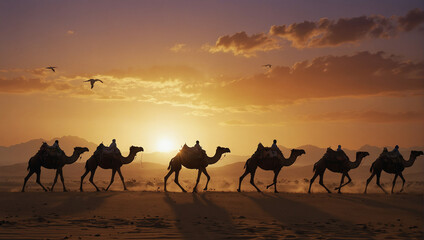 Fototapeta na wymiar camel line in desert nice view 