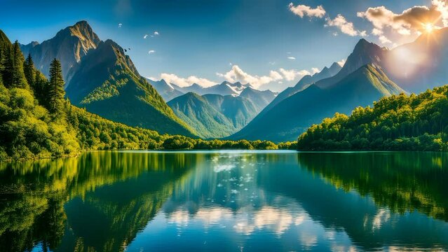 Sunlight on mountain peaks, reflecting in clear water flowing through the valley, with green trees all around. seamless looping time lapse animation video background