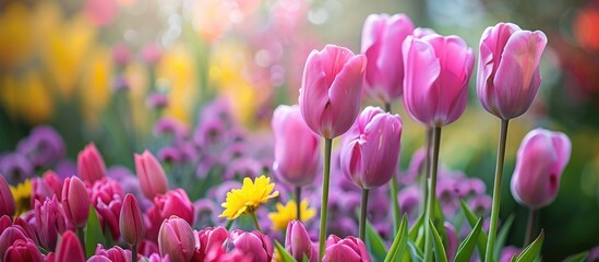 Spring tulips against a backdrop of flowers.