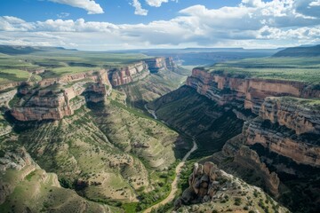 An aerial shot capturing the grandeur of a canyon landscape, with rugged cliffs, winding rivers,...