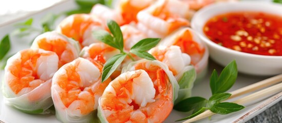 Spring rolls filled with shrimp served with a sweet chili sauce, a dish from Asian culinary tradition.