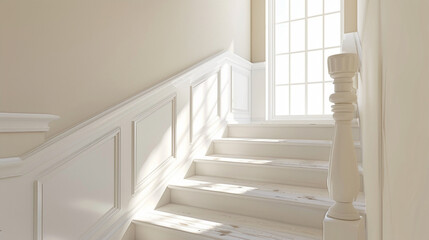 Beige stairs in a chic Scandinavian-themed lounge with a window and soft natural lighting.