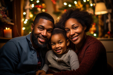 Portrait of lovely family in cozy home in Christmas, father mother and child