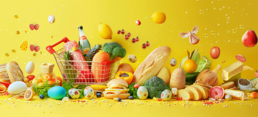 Immerse yourself in a hyperrealistic grocery shop scene adorned with Easter symbols on a cheerful yellow backdrop. AI generative.
