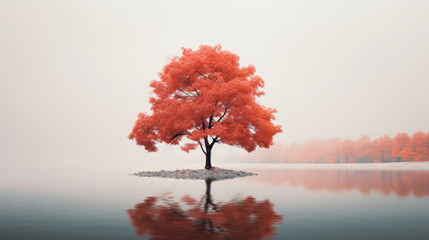 Red leaf alone autumn tree on the lake, minimal, calm mood