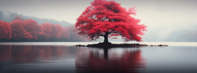 Red leaf alone autumn tree on the lake, minimal, calm mood