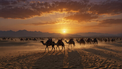 camel line in desert nice view  - obrazy, fototapety, plakaty