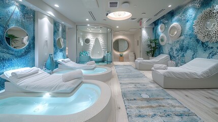 Exquisite spa décor in shades of white and blue, creating a serene atmosphere for relaxation.